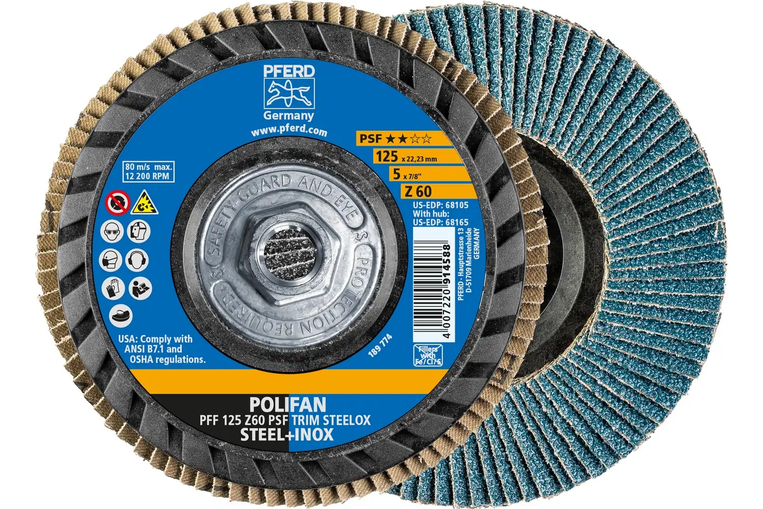 Picture of Pferd Flap Disc, 5" x 5/8-11, Z PSF Trim Steelox, 60 Grit, T27, Flat, Zirconia